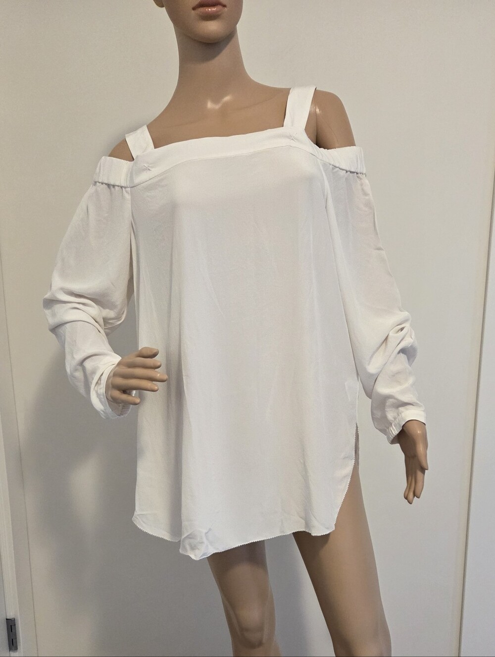 Go By GoSilk White Silk Cold Shoulder Tunic Top 100% Washable Silk
